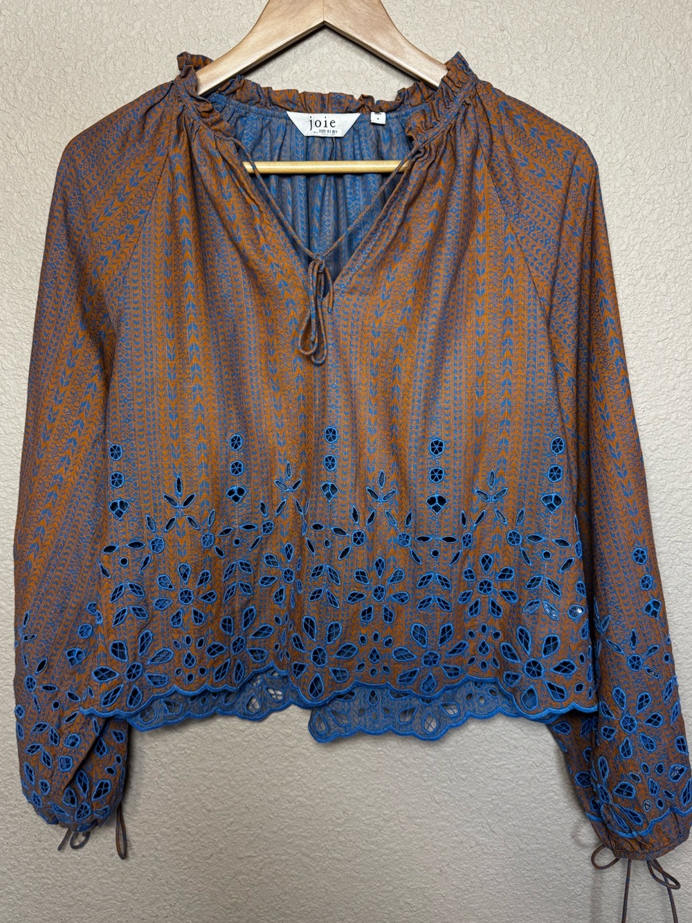 Joie Cotton Linen Embroidered Eyelet Peasant Blouse Boho Blue Brown Long Sleeve - Picture 1 of 4